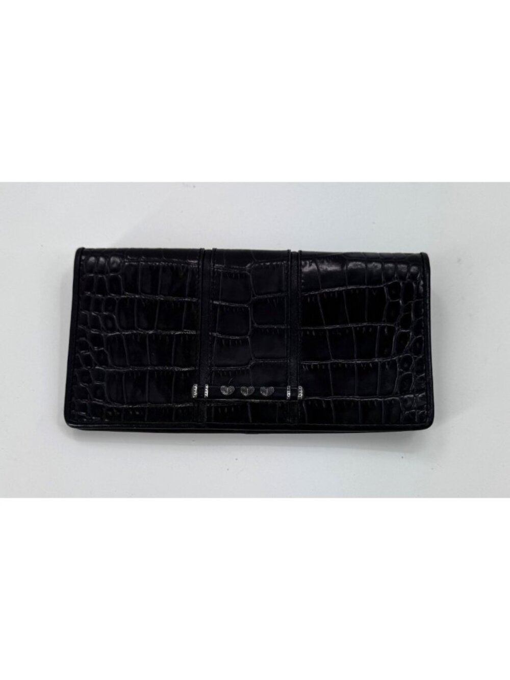 Brighton Black Crocodile Embossed Leather Checkbook Wallet Heart Silver Bar